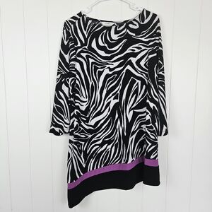 CJ Banks 1X Tunic Zebra Print Asymmetrical Purple Stripe 3/4 Sleeve Stretch